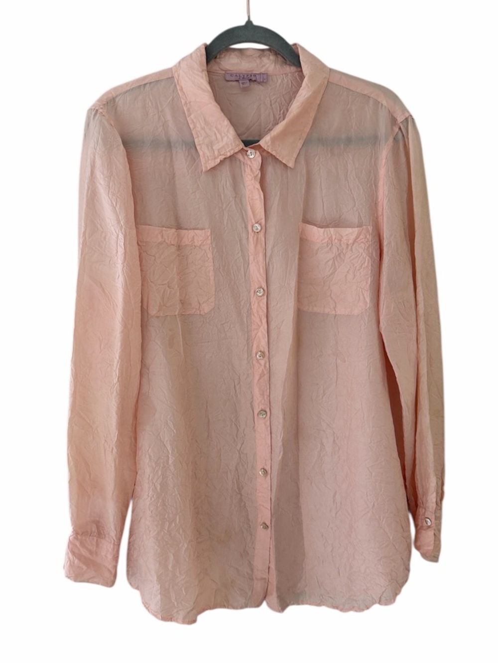 Calypso St. Barth Women Lg Sheer Blush Pink Button Up Blouse Wrinkle Design Top - Picture 1 of 9